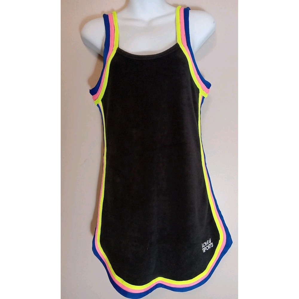 Love Sports Black Terrycloth Multicolor Contrast Trim Sleeveless Coverup Xs‎